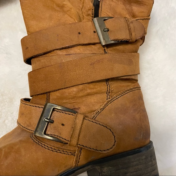 Steve Madden Brewzzer Cognac Leather Belted Mid-Calf Boots - Picture 8 of 11